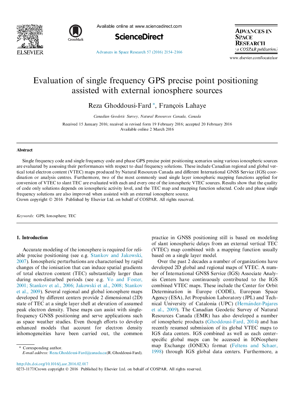 عکس صفحه اول مقاله: Evaluation of single frequency GPS precise point positioning assisted with external ionosphere sources Evaluation of single frequency GPS precise point positioning assisted with external ionosphere sources