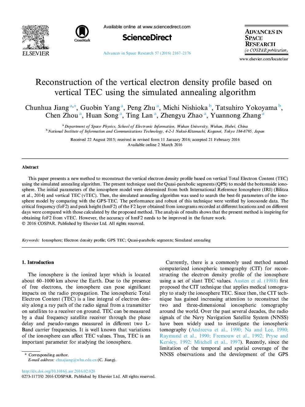 Reconstruction of the vertical electron density profile based on vertical TEC using the simulated annealing algorithm