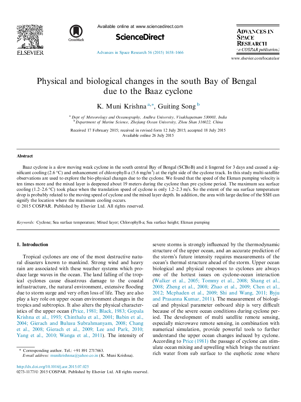 Physical and biological changes in the south Bay of Bengal due to the Baaz cyclone