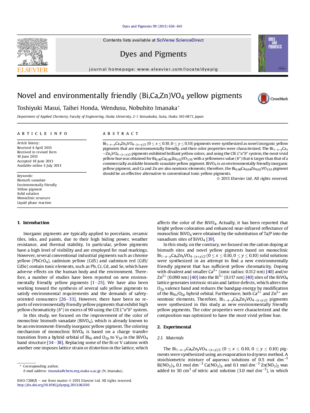 Novel and environmentally friendly (Bi,Ca,Zn)VO4 yellow pigments