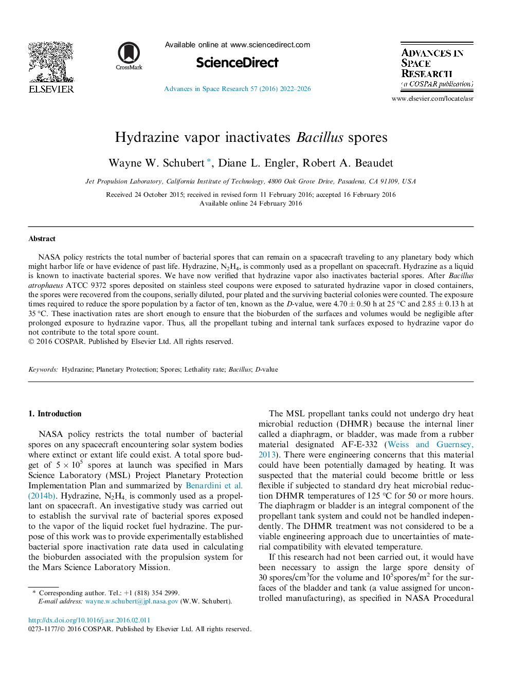 Hydrazine vapor inactivates Bacillus spores