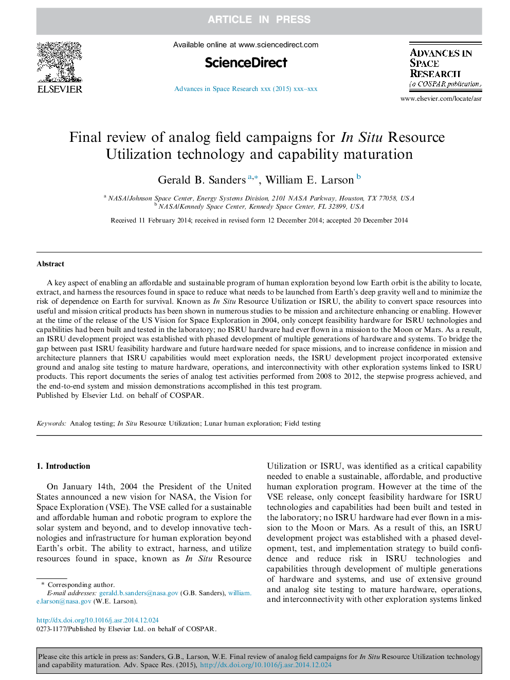 Final review of analog field campaigns for In Situ Resource Utilization technology and capability maturation