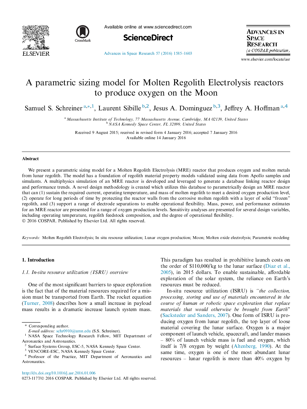 A parametric sizing model for Molten Regolith Electrolysis reactors to produce oxygen on the Moon