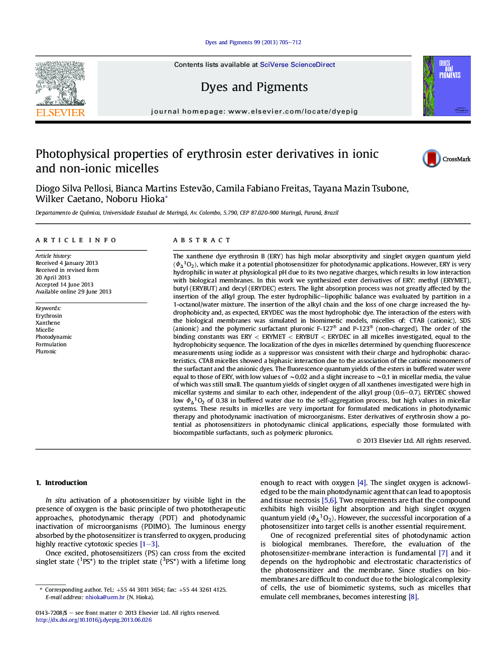 Photophysical properties of erythrosin ester derivatives in ionic and non-ionic micelles