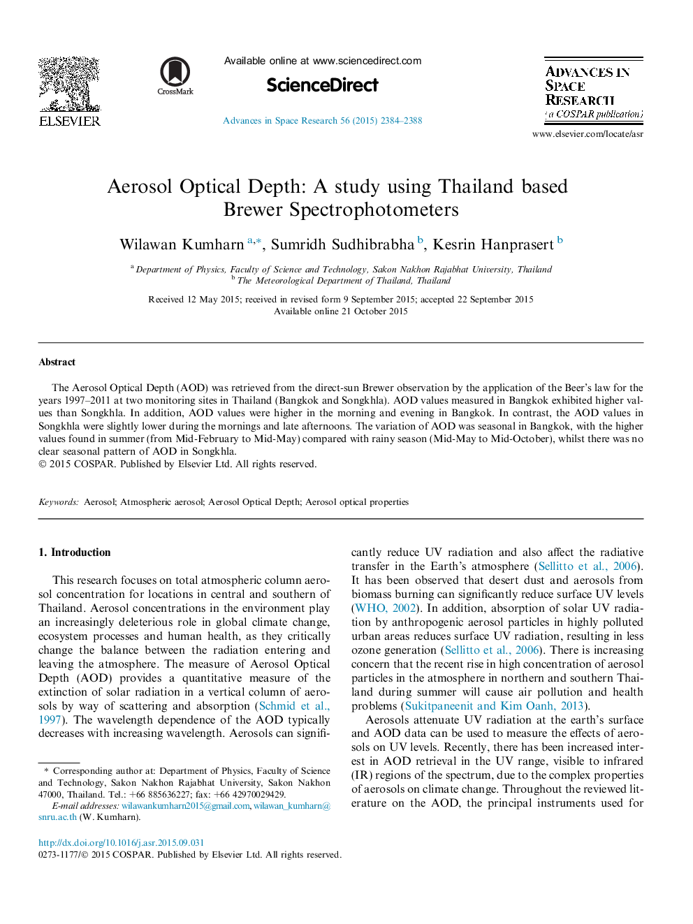 Aerosol Optical Depth: A study using Thailand based Brewer Spectrophotometers