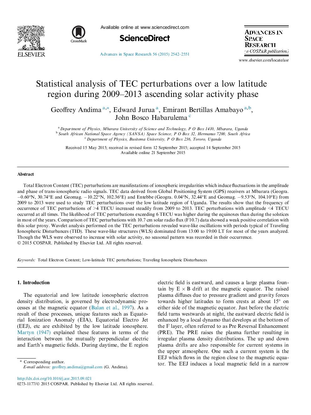 Statistical analysis of TEC perturbations over a low latitude region during 2009–2013 ascending solar activity phase