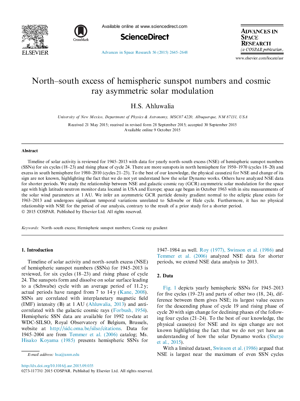 بیش از نیمی از جنوب از اعداد خورشید نیم کره و اشعه کیهانی غیرمترقبه مدولاسیون خورشید 