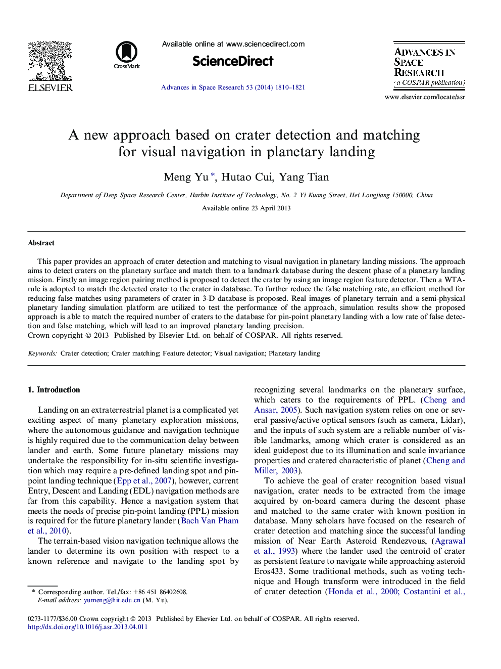 A new approach based on crater detection and matching for visual navigation in planetary landing