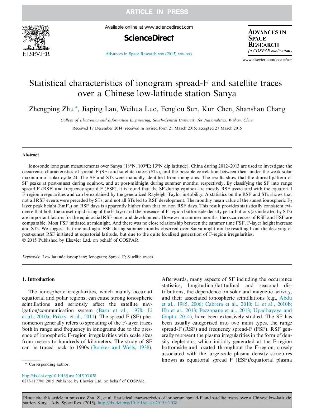 Statistical characteristics of ionogram spread-F and satellite traces over a Chinese low-latitude station Sanya