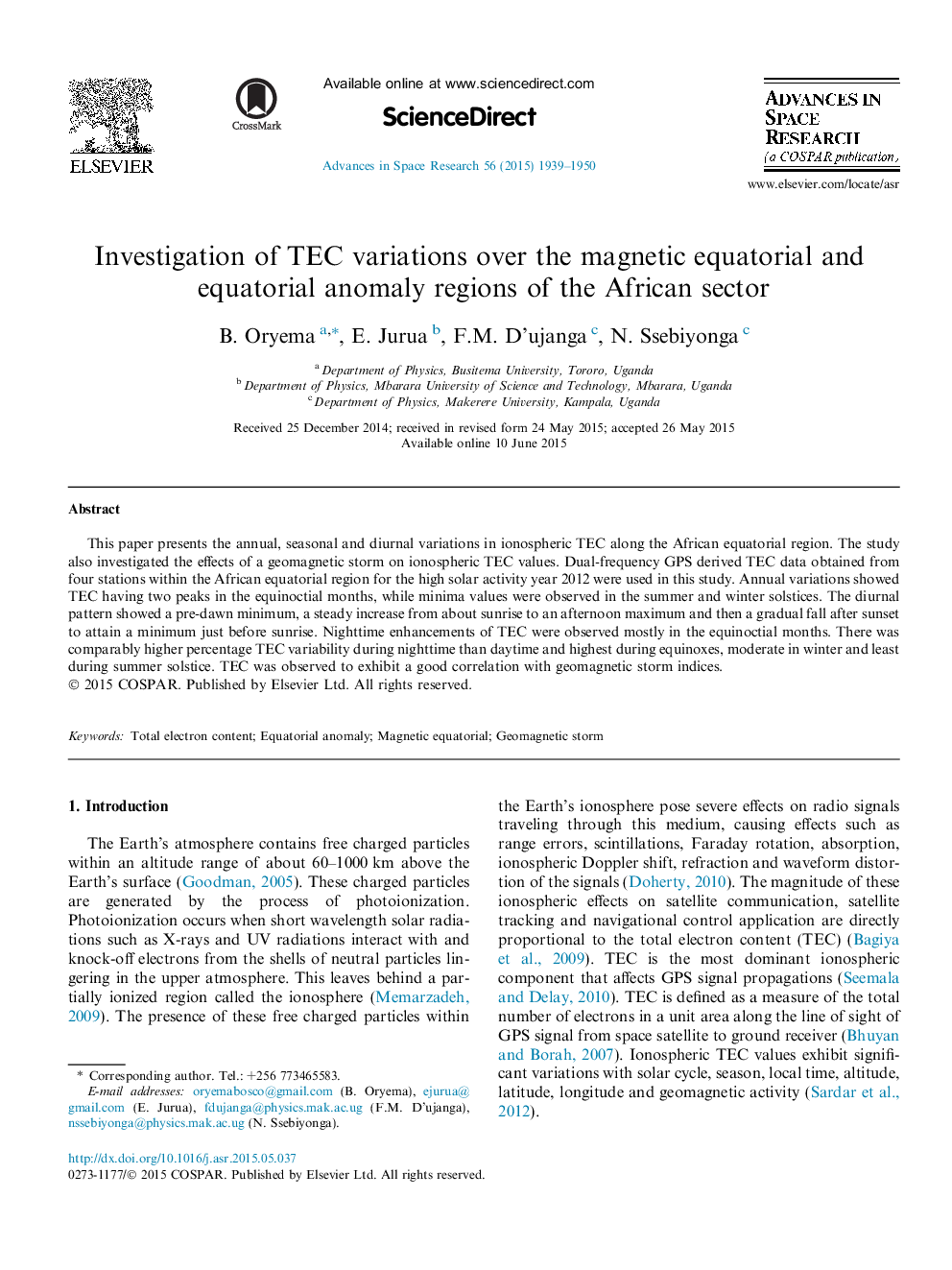 Investigation of TEC variations over the magnetic equatorial and equatorial anomaly regions of the African sector