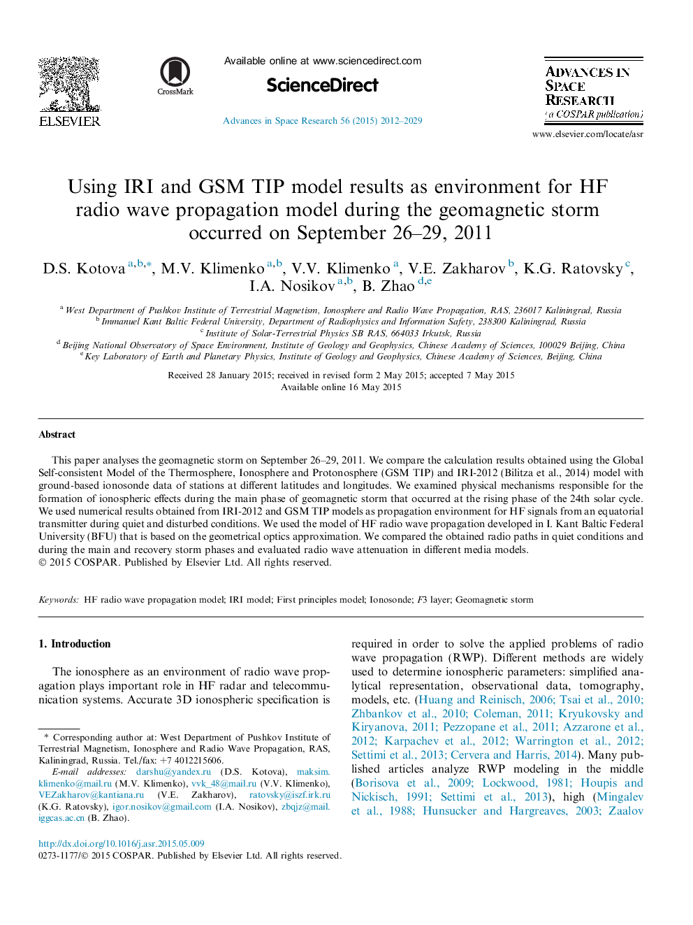 Using IRI and GSM TIP model results as environment for HF radio wave propagation model during the geomagnetic storm occurred on September 26–29, 2011