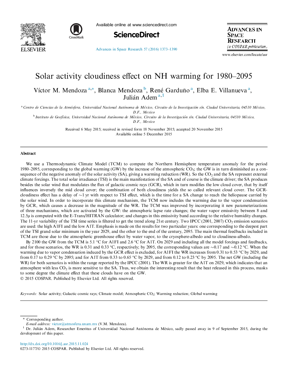 Solar activity cloudiness effect on NH warming for 1980–2095