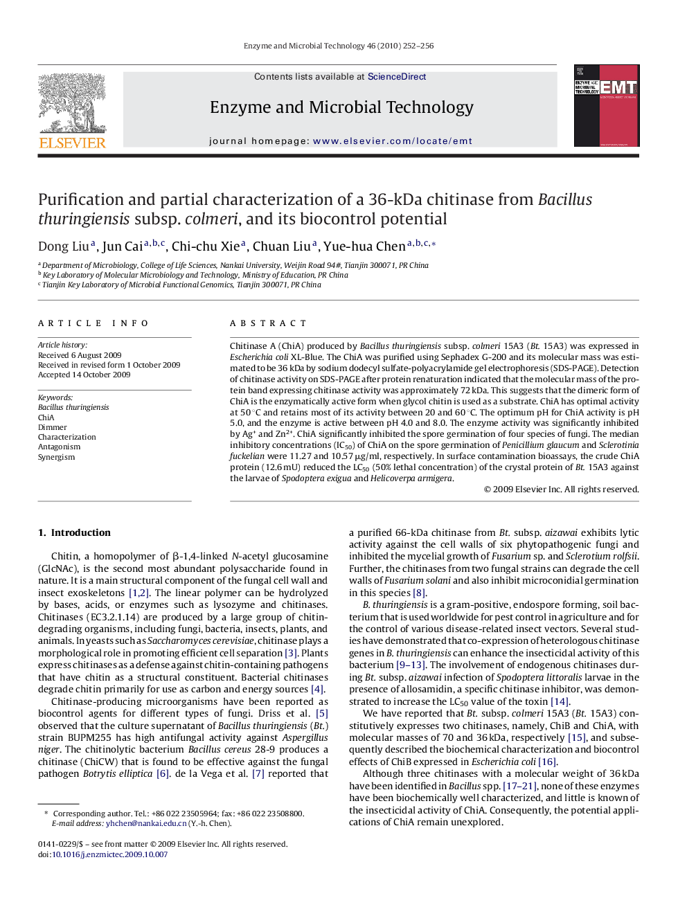 Purification and partial characterization of a 36-kDa chitinase from Bacillus thuringiensis subsp. colmeri, and its biocontrol potential