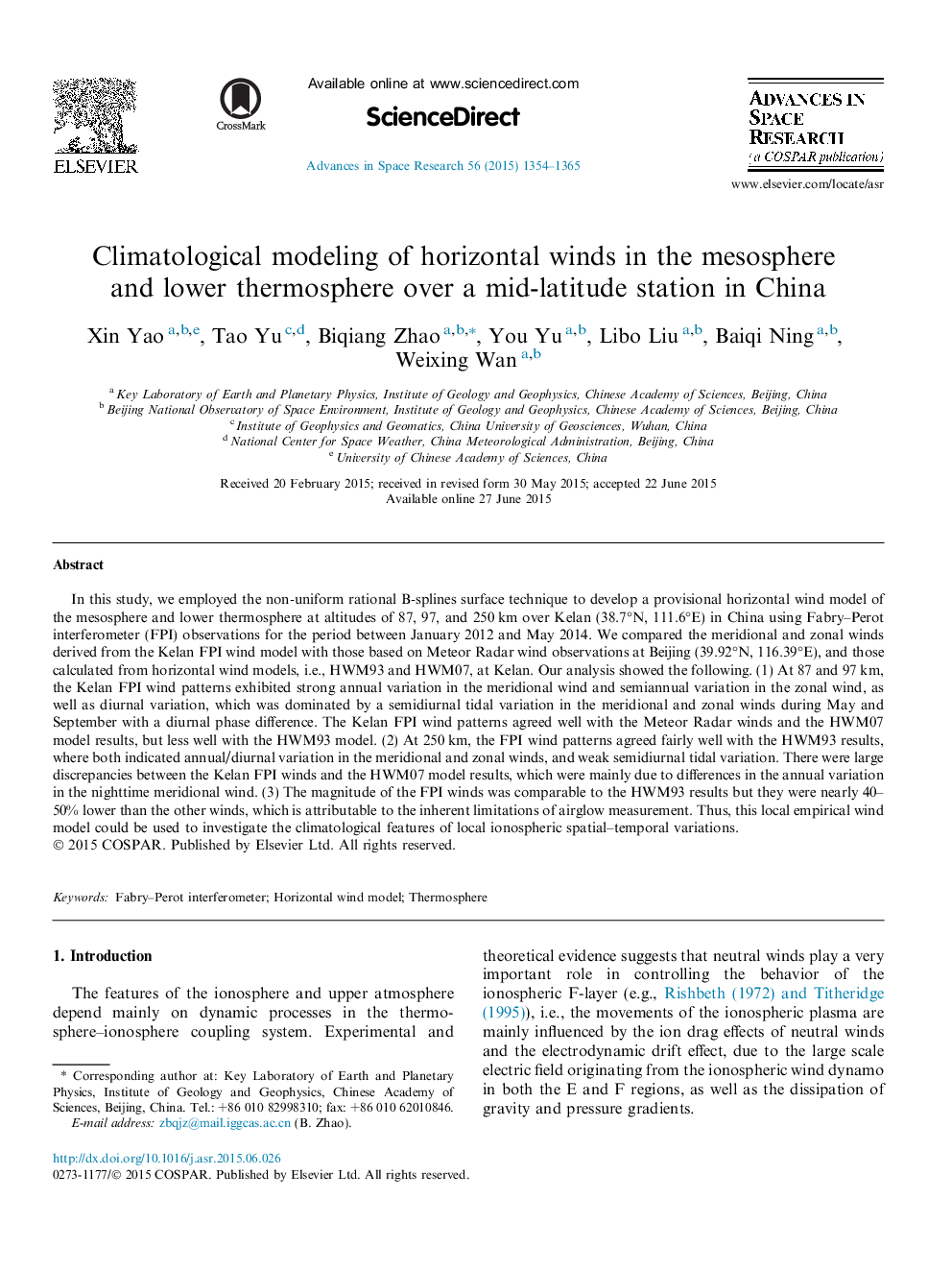 Climatological modeling of horizontal winds in the mesosphere and lower thermosphere over a mid-latitude station in China