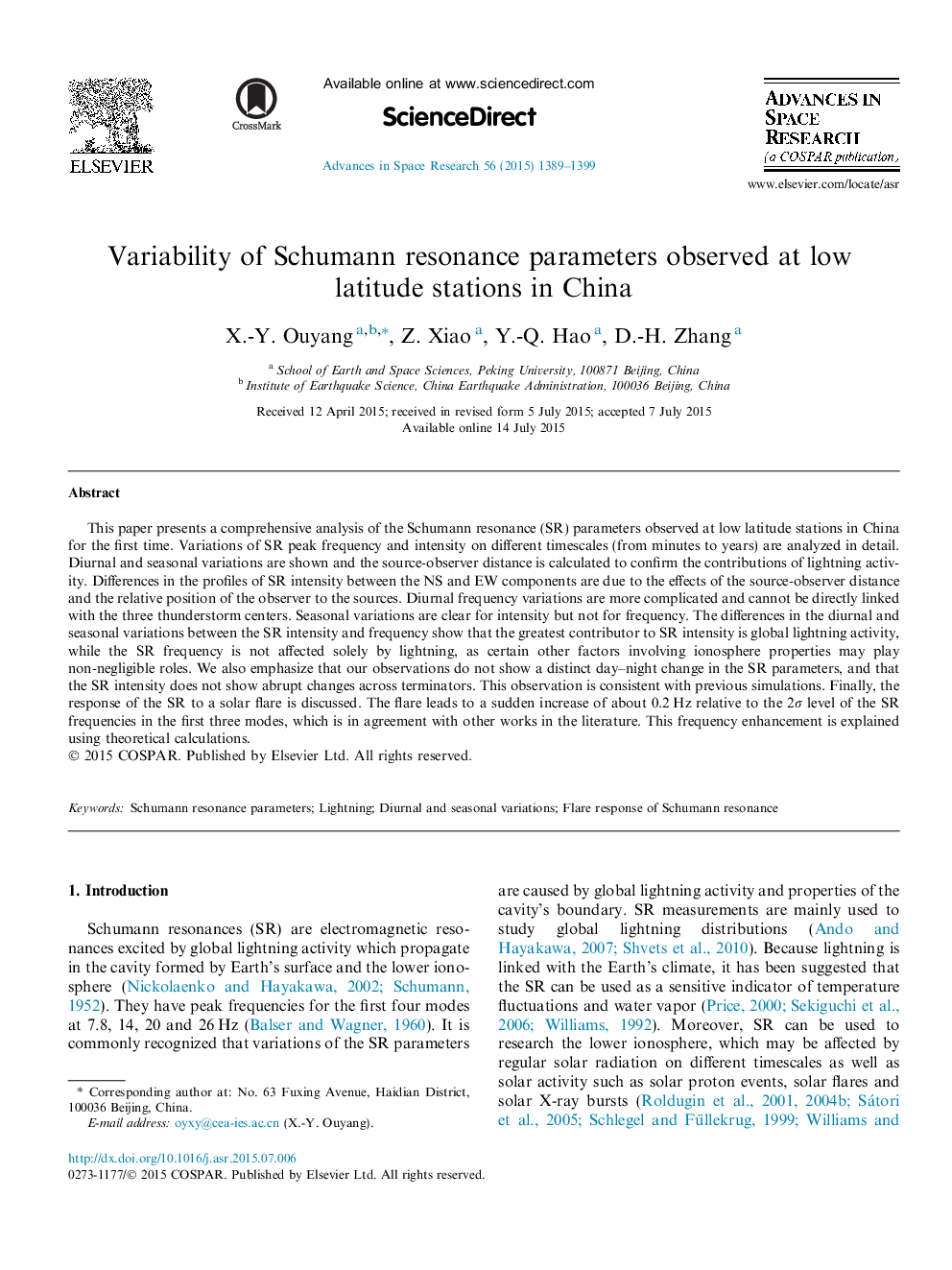 Variability of Schumann resonance parameters observed at low latitude stations in China