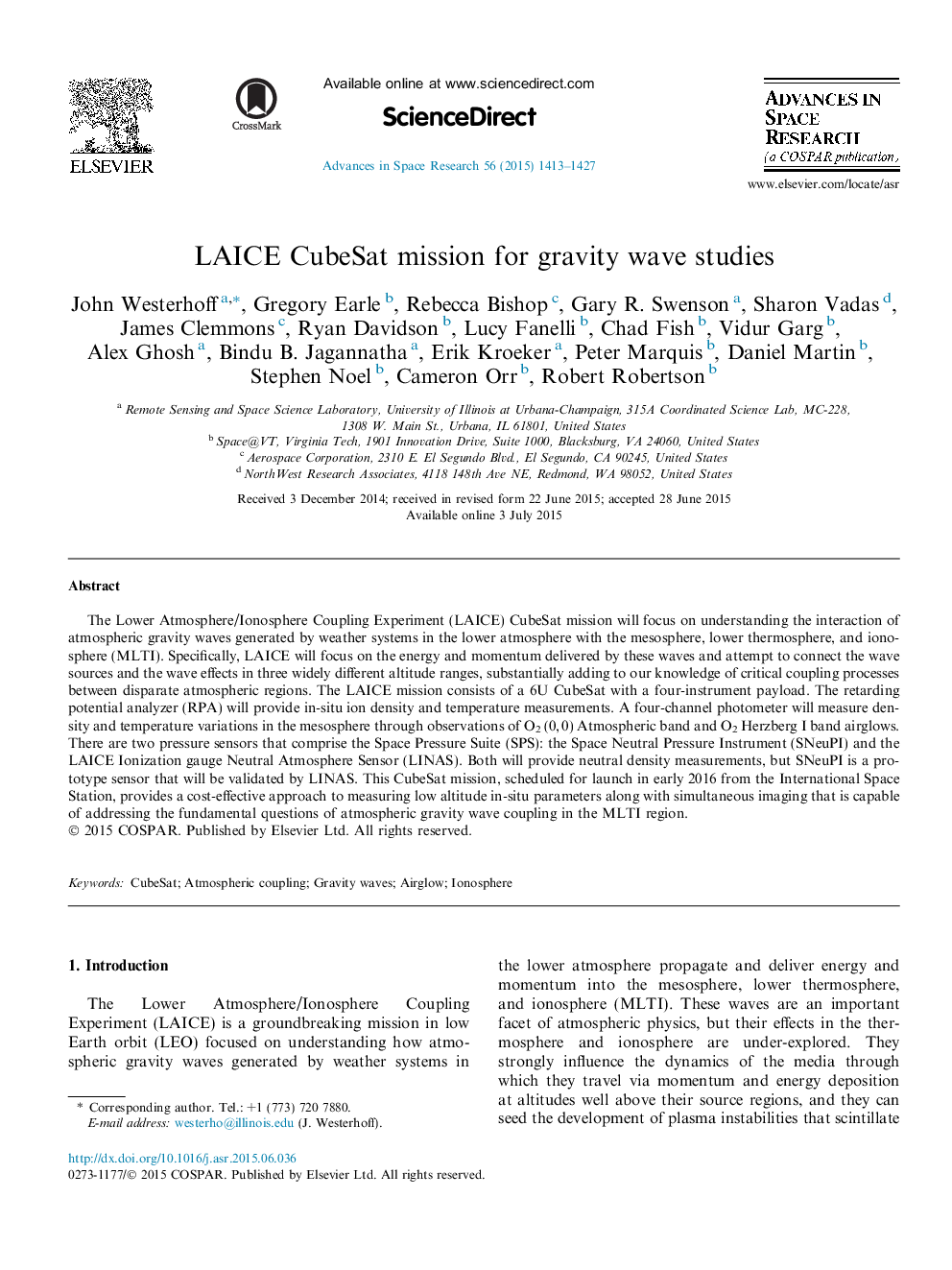 LAICE CubeSat mission for gravity wave studies