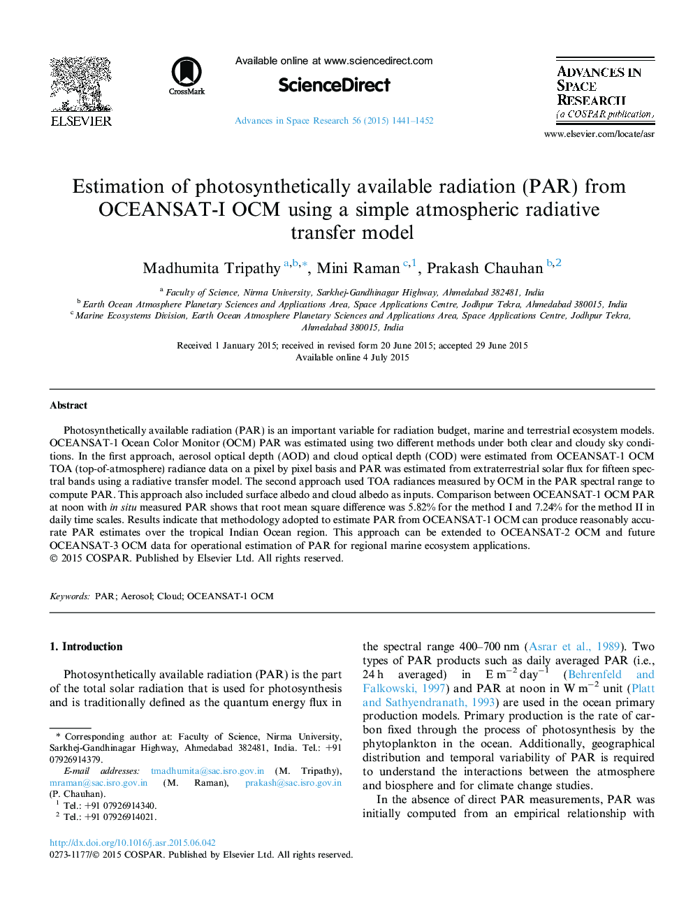 Estimation of photosynthetically available radiation (PAR) from OCEANSAT-I OCM using a simple atmospheric radiative transfer model