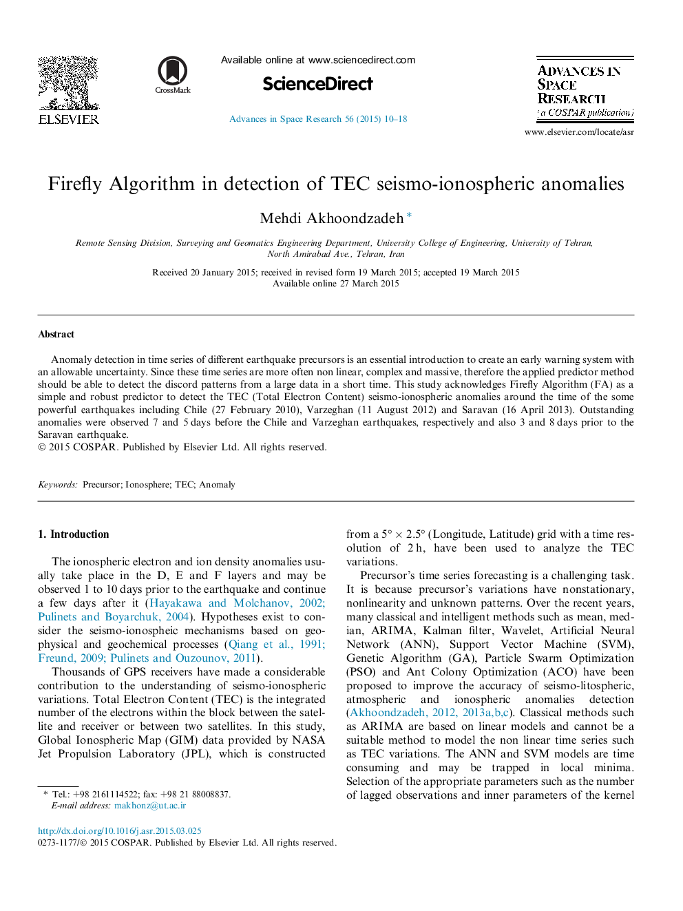 Firefly Algorithm in detection of TEC seismo-ionospheric anomalies