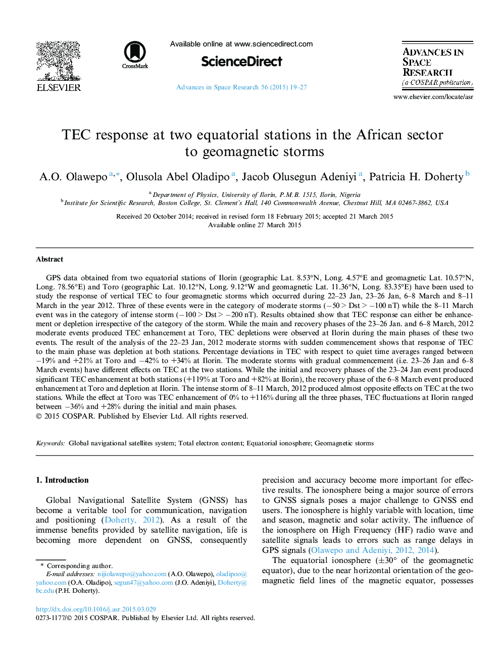 TEC response at two equatorial stations in the African sector to geomagnetic storms