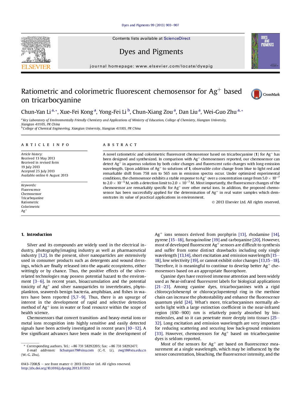 عکس صفحه اول مقاله: Ratiometric and colorimetric fluorescent chemosensor for Ag+ based on tricarbocyanine Ratiometric and colorimetric fluorescent chemosensor for Ag+ based on tricarbocyanine