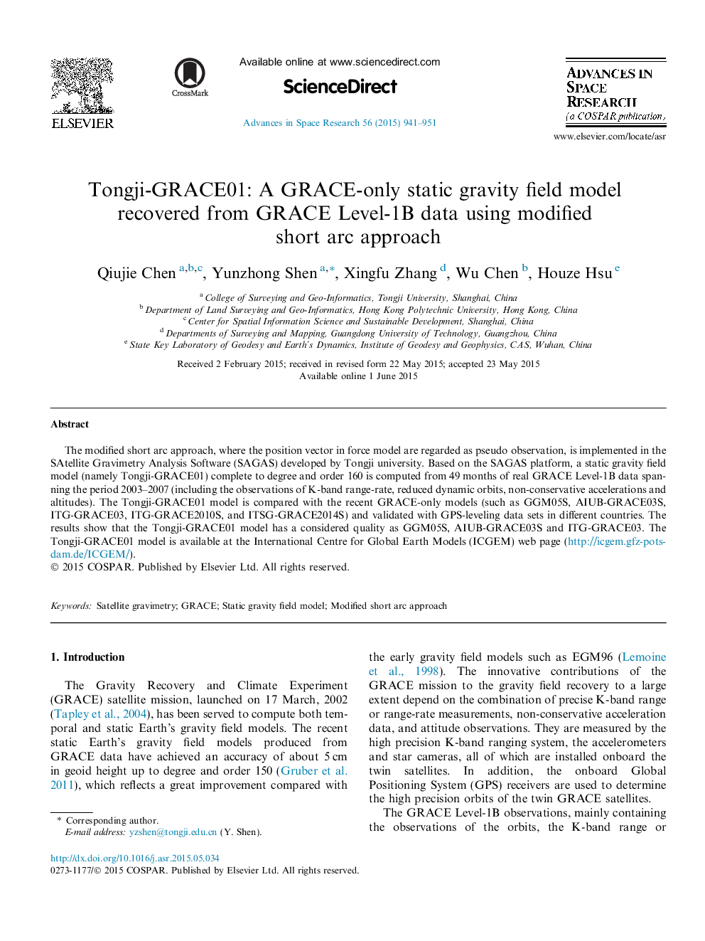 Tongji-GRACE01: A GRACE-only static gravity field model recovered from GRACE Level-1B data using modified short arc approach