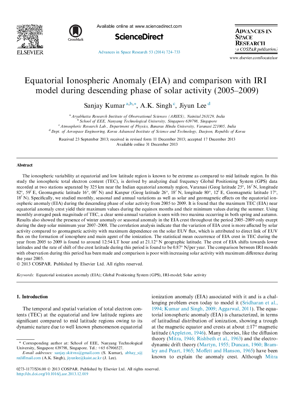 Equatorial Ionospheric Anomaly (EIA) and comparison with IRI model during descending phase of solar activity (2005-2009)