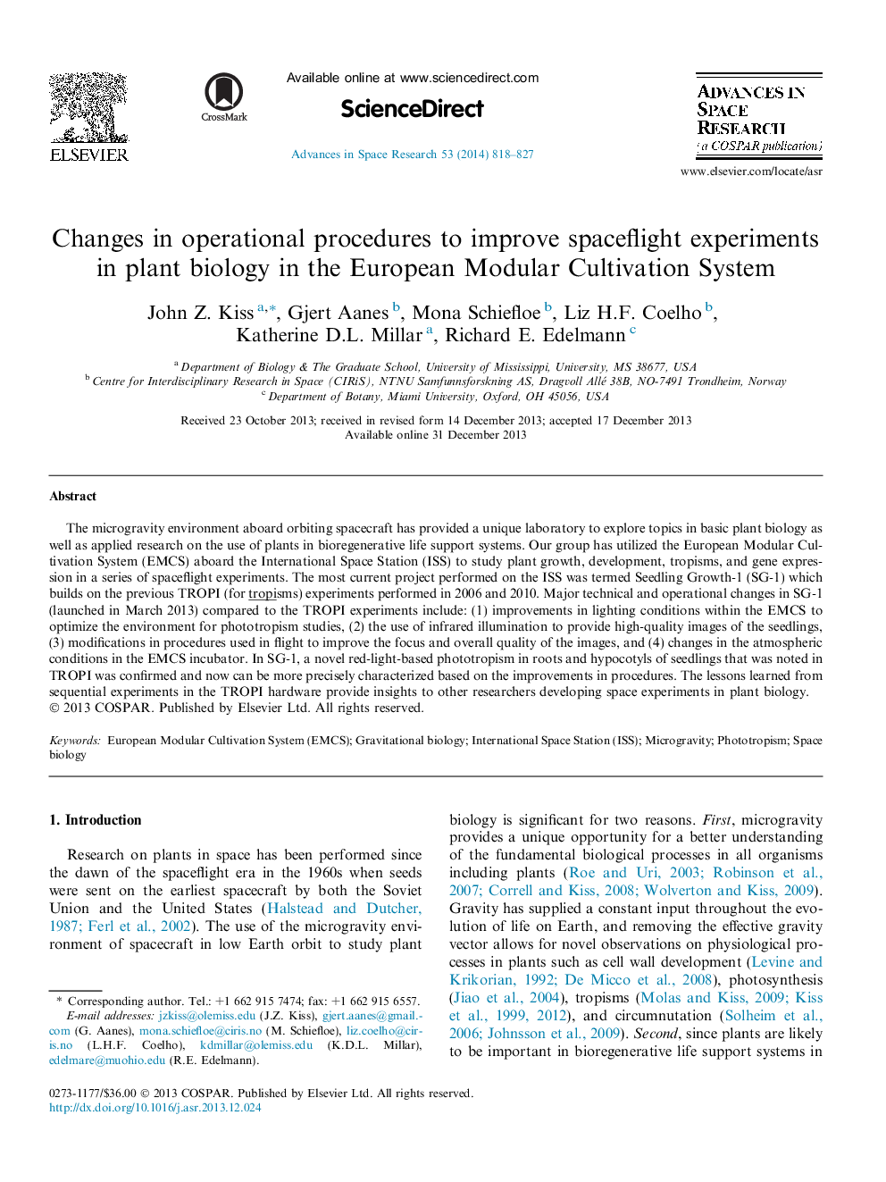 Changes in operational procedures to improve spaceflight experiments in plant biology in the European Modular Cultivation System