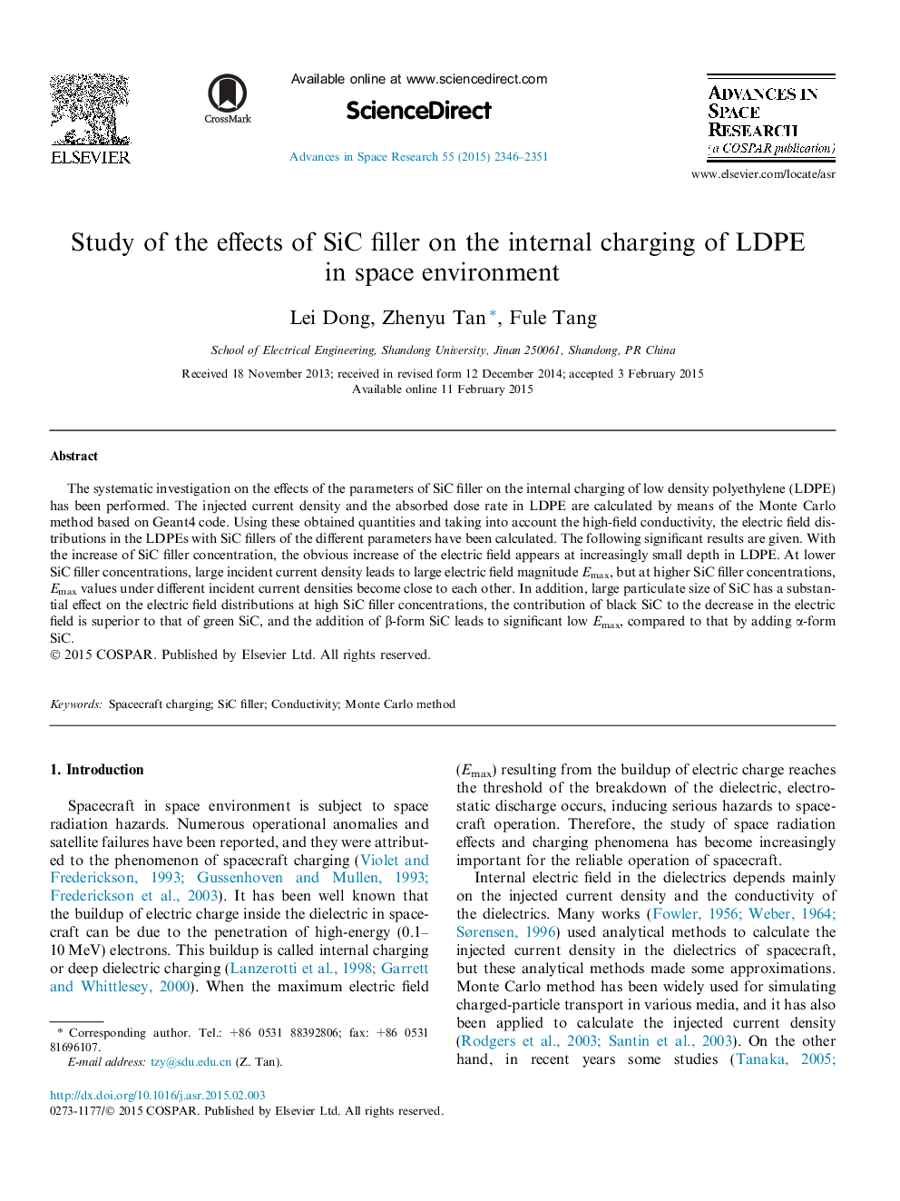 Study of the effects of SiC filler on the internal charging of LDPE in space environment