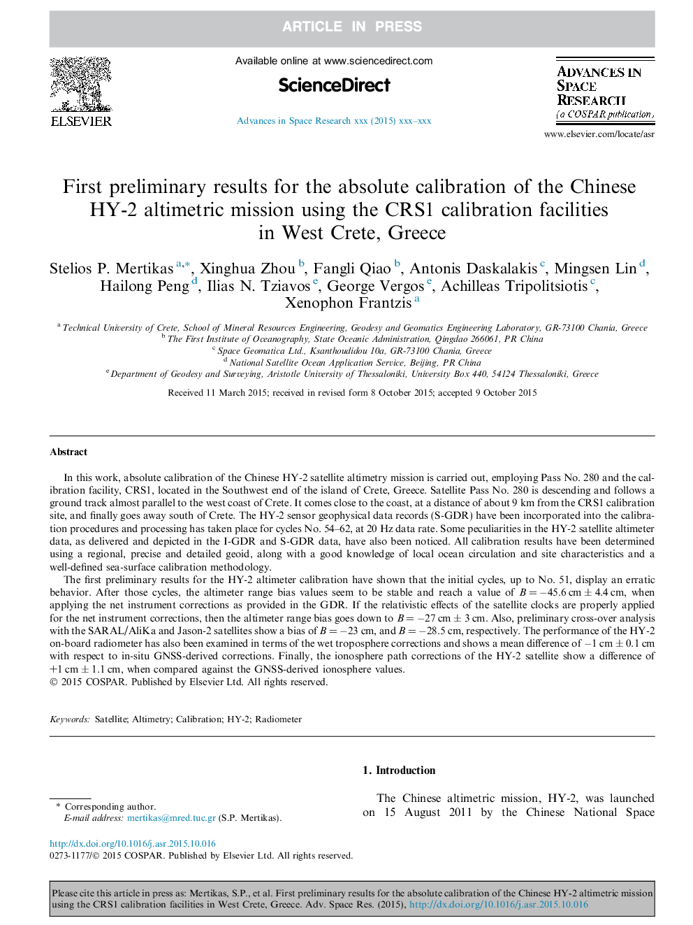 First preliminary results for the absolute calibration of the Chinese HY-2 altimetric mission using the CRS1 calibration facilities in West Crete, Greece