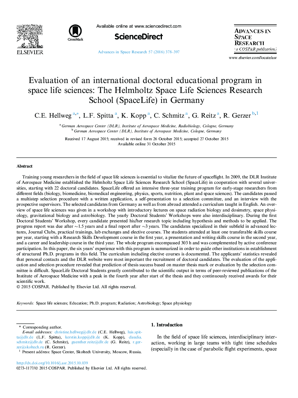 Evaluation of an international doctoral educational program in space life sciences: The Helmholtz Space Life Sciences Research School (SpaceLife) in Germany