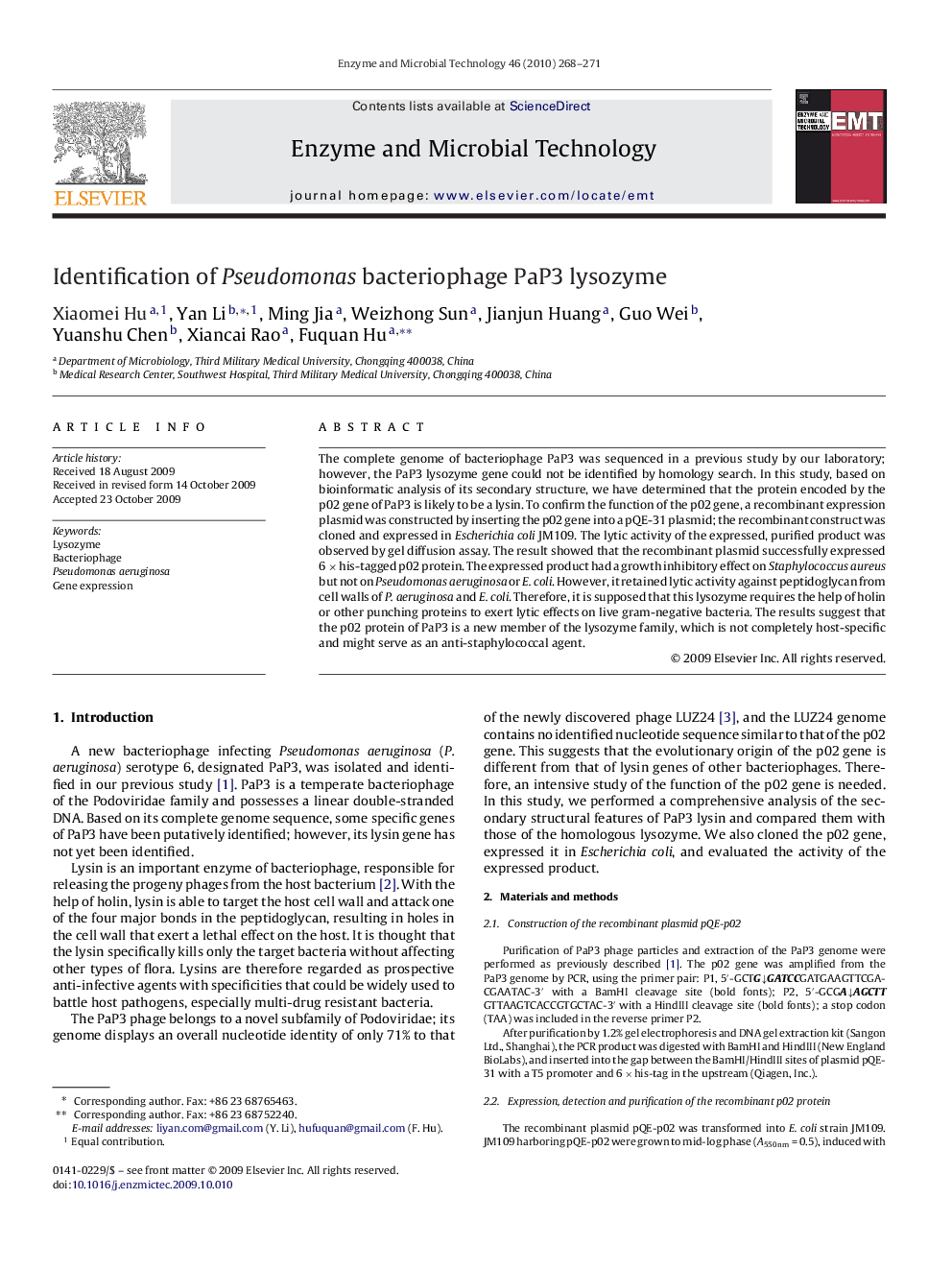 Identification of Pseudomonas bacteriophage PaP3 lysozyme