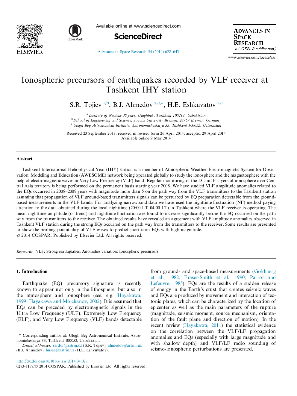 Ionospheric precursors of earthquakes recorded by VLF receiver at Tashkent IHY station