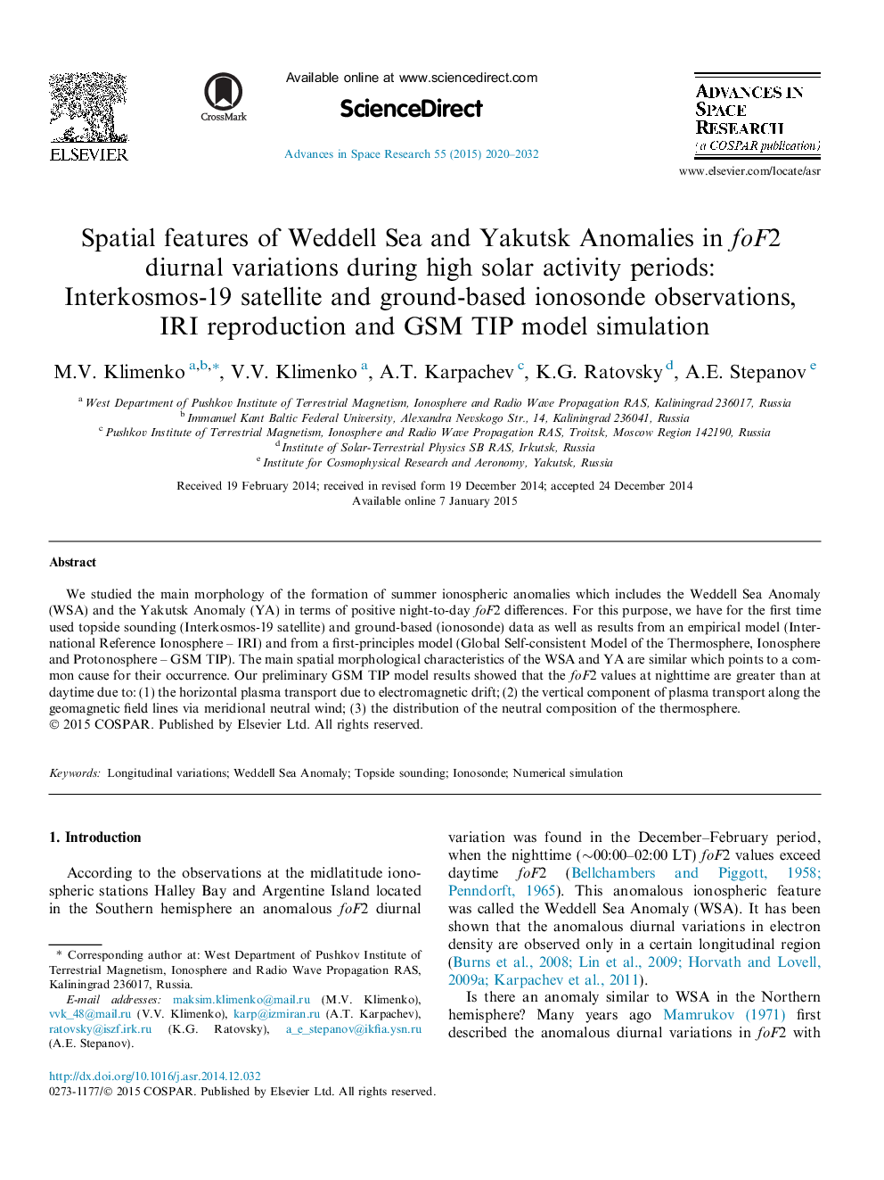 Spatial features of Weddell Sea and Yakutsk Anomalies in foF2 diurnal variations during high solar activity periods: Interkosmos-19 satellite and ground-based ionosonde observations, IRI reproduction and GSM TIP model simulation