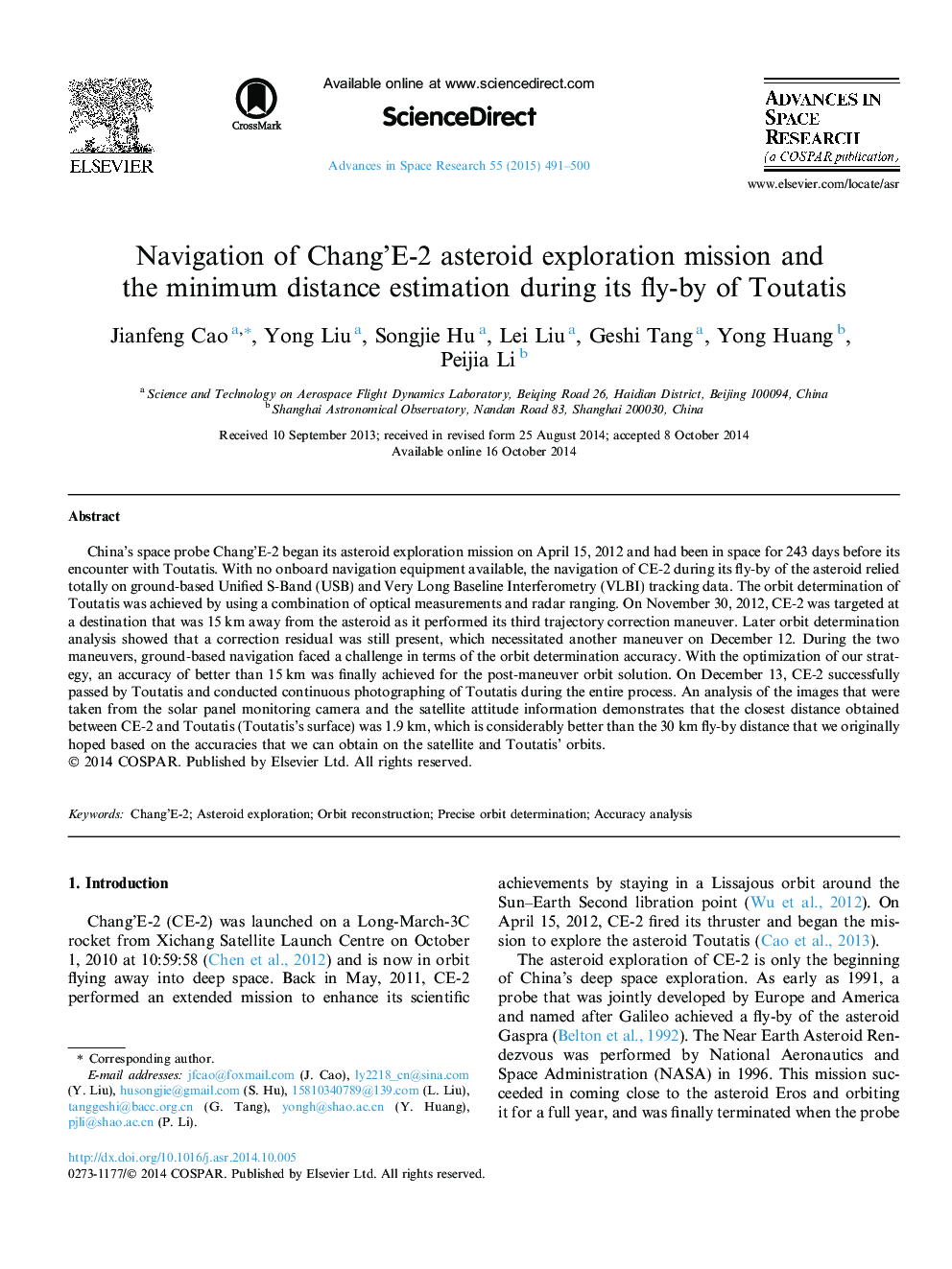 Navigation of Chang'E-2 asteroid exploration mission and the minimum distance estimation during its fly-by of Toutatis