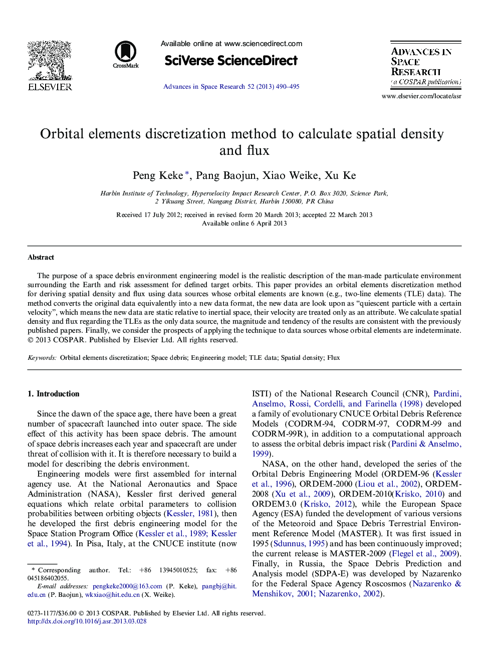 Orbital elements discretization method to calculate spatial density and flux