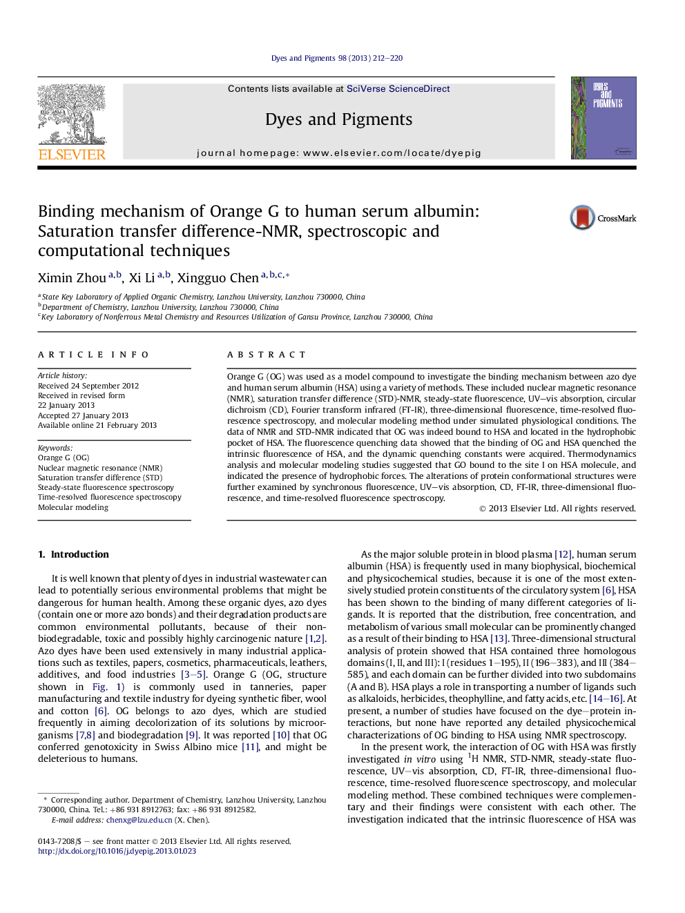 Binding mechanism of Orange G to human serum albumin: Saturation transfer difference-NMR, spectroscopic and computational techniques