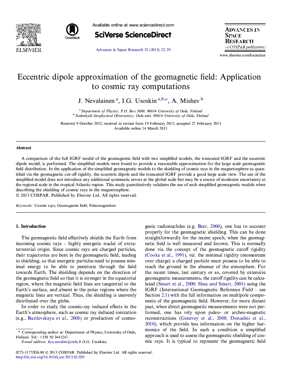Eccentric dipole approximation of the geomagnetic field: Application to cosmic ray computations