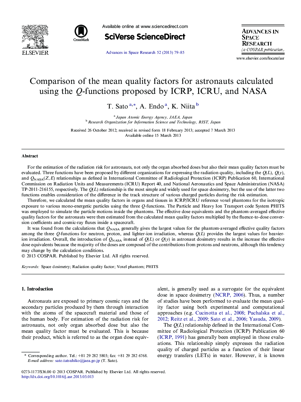 Comparison of the mean quality factors for astronauts calculated using the Q-functions proposed by ICRP, ICRU, and NASA