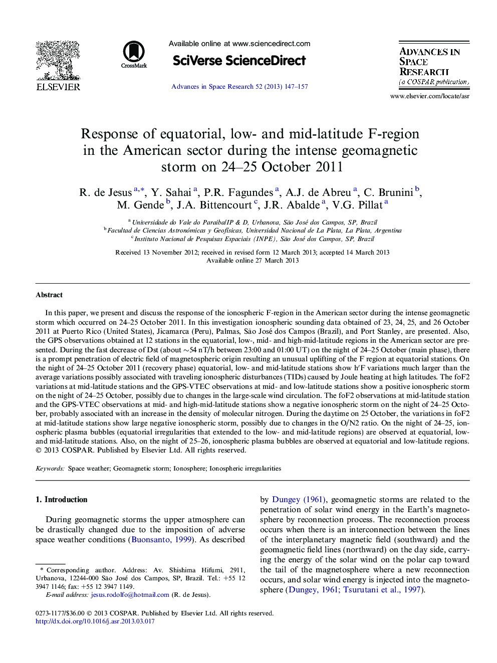 Response of equatorial, low- and mid-latitude F-region in the American sector during the intense geomagnetic storm on 24–25 October 2011