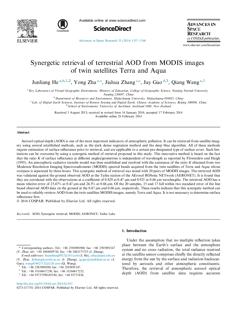 Synergetic retrieval of terrestrial AOD from MODIS images of twin satellites Terra and Aqua