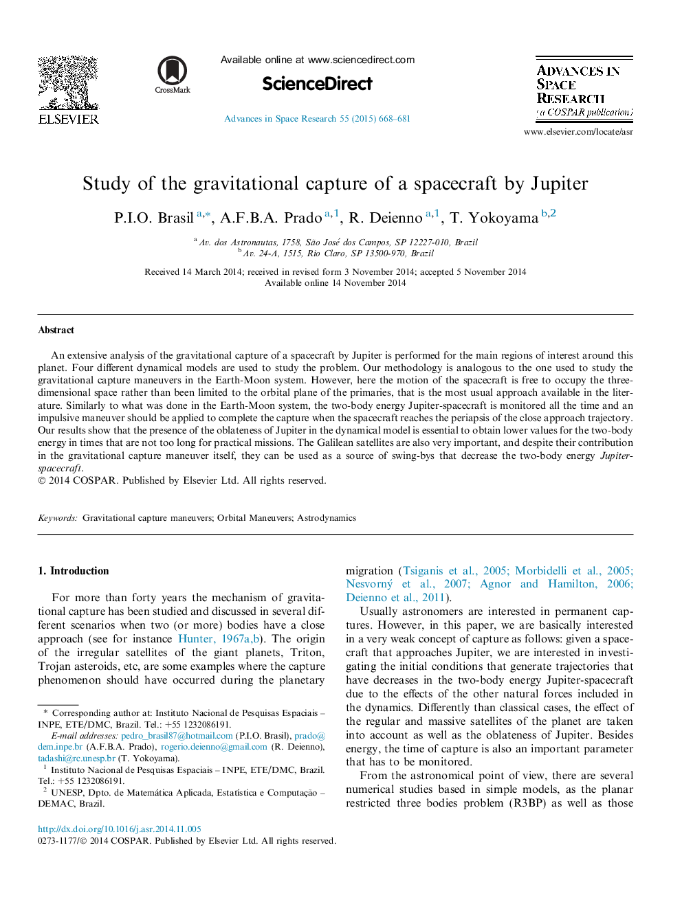 Study of the gravitational capture of a spacecraft by Jupiter