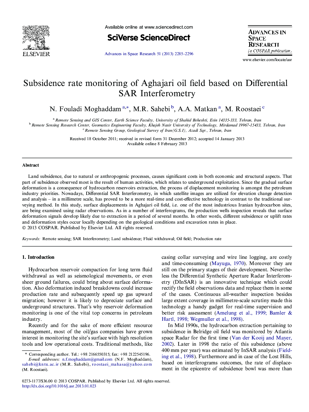 Subsidence rate monitoring of Aghajari oil field based on Differential SAR Interferometry