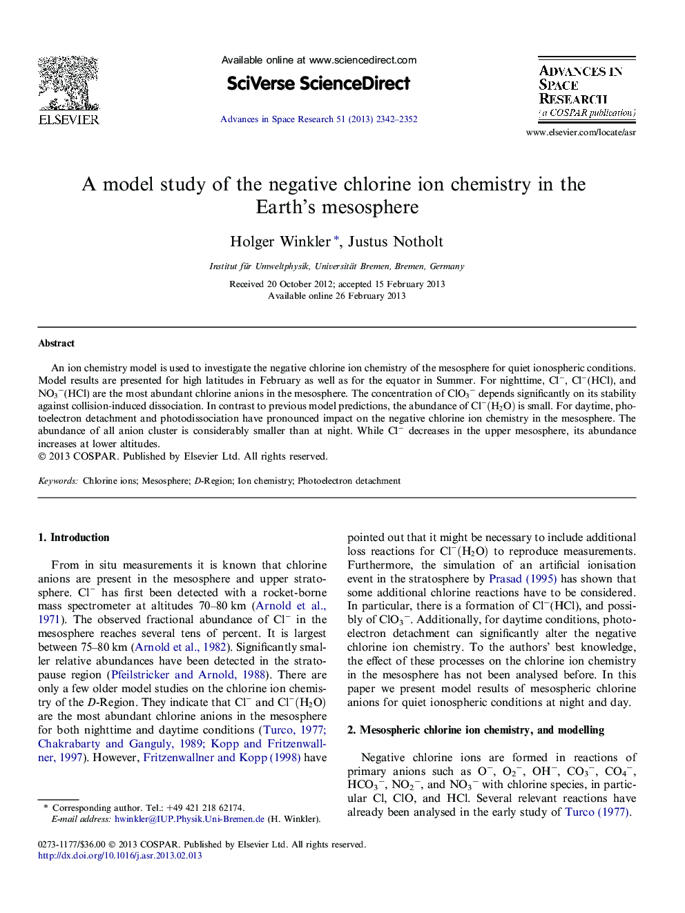 A model study of the negative chlorine ion chemistry in the Earth’s mesosphere