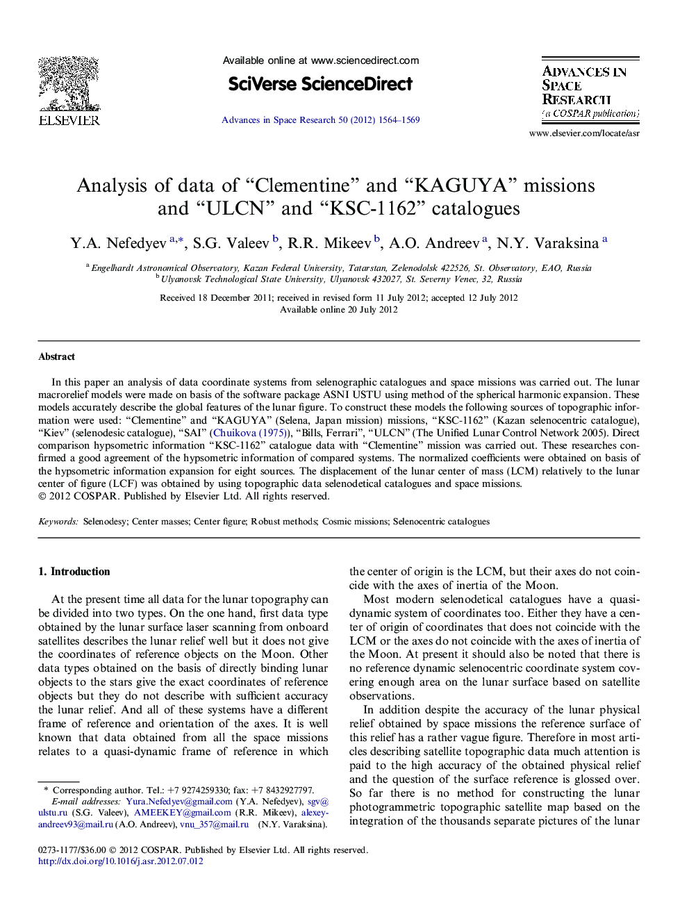 Analysis of data of “Clementine” and “KAGUYA” missions and “ULCN” and “KSC-1162” catalogues