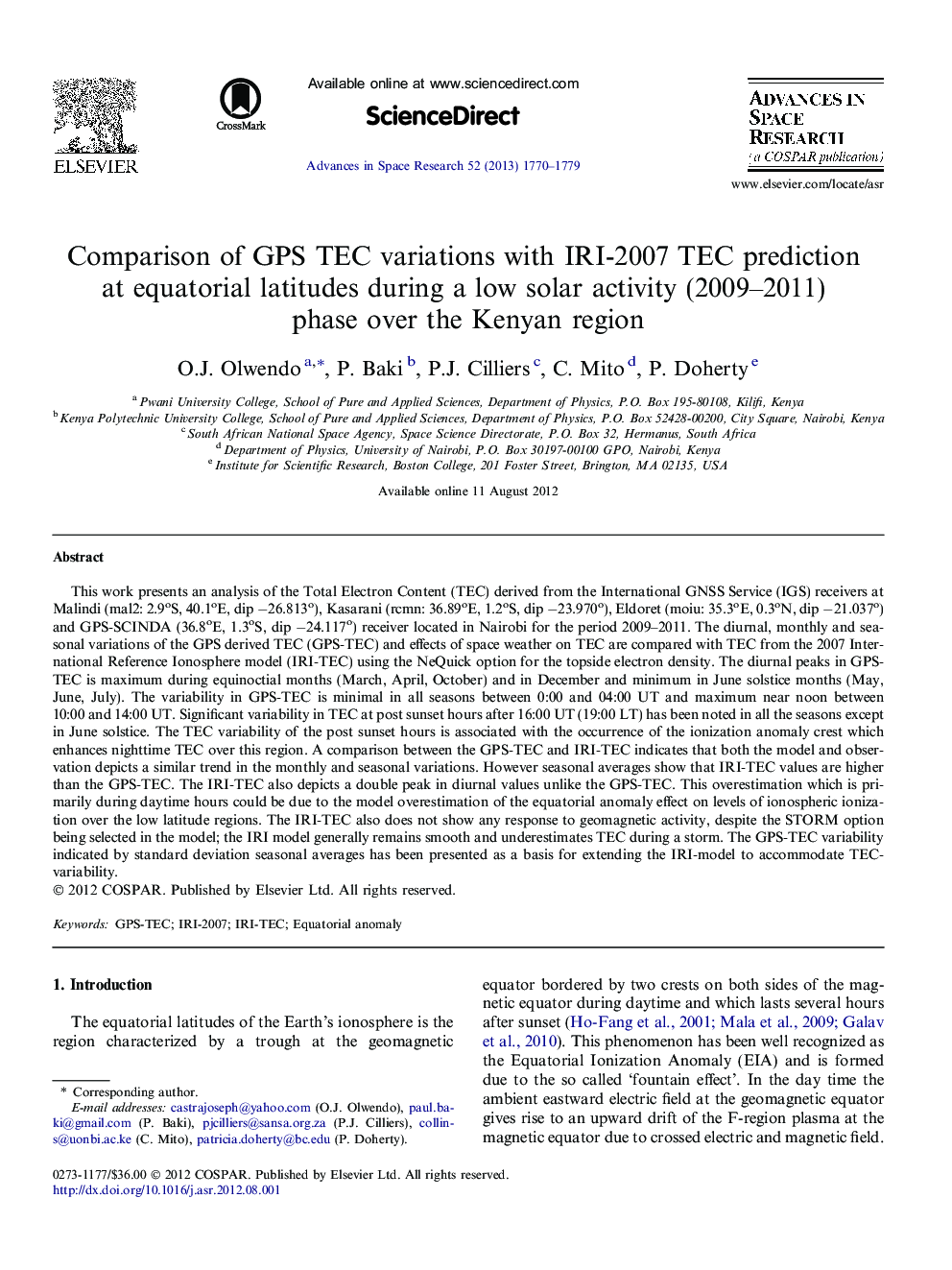 Comparison of GPS TEC variations with IRI-2007 TEC prediction at equatorial latitudes during a low solar activity (2009–2011) phase over the Kenyan region