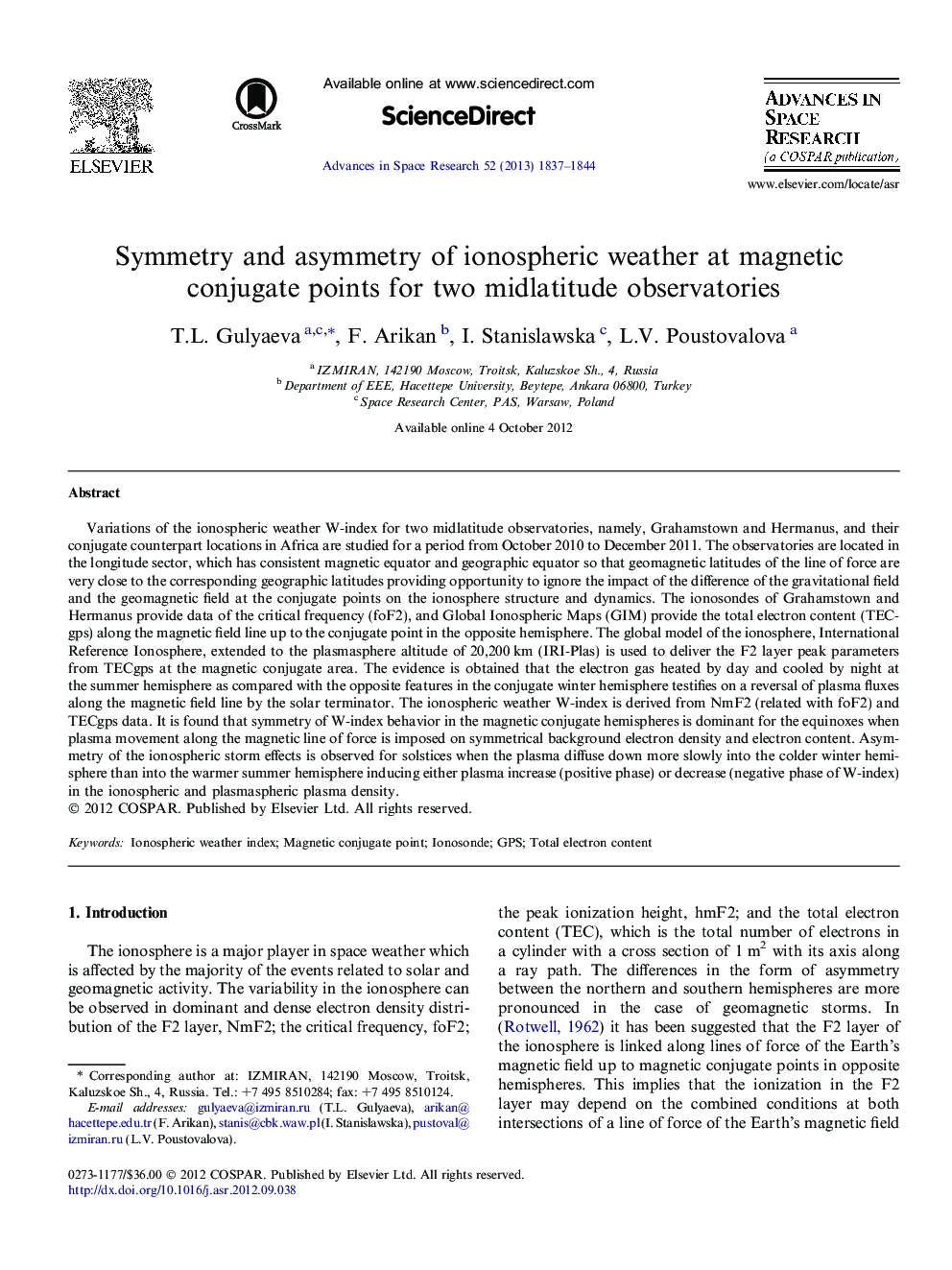 Symmetry and asymmetry of ionospheric weather at magnetic conjugate points for two midlatitude observatories