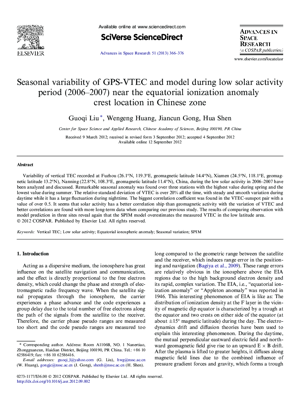 Seasonal variability of GPS-VTEC and model during low solar activity period (2006–2007) near the equatorial ionization anomaly crest location in Chinese zone
