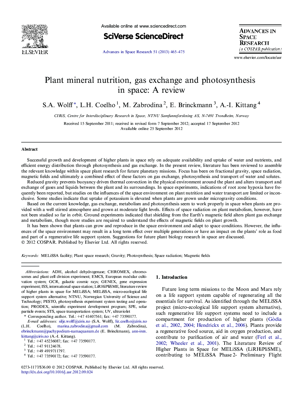 Plant mineral nutrition, gas exchange and photosynthesis in space: A review