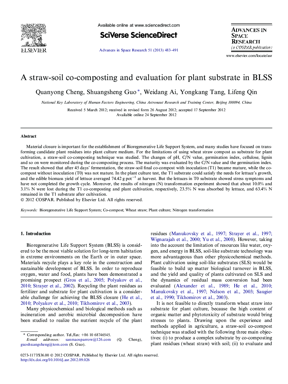A straw-soil co-composting and evaluation for plant substrate in BLSS