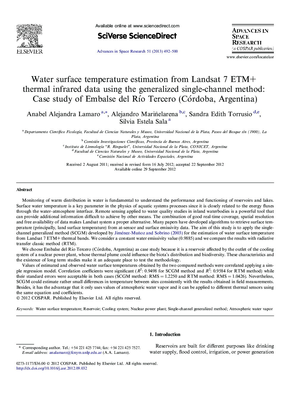 Water surface temperature estimation from Landsat 7 ETM+ thermal infrared data using the generalized single-channel method: Case study of Embalse del Río Tercero (Córdoba, Argentina)